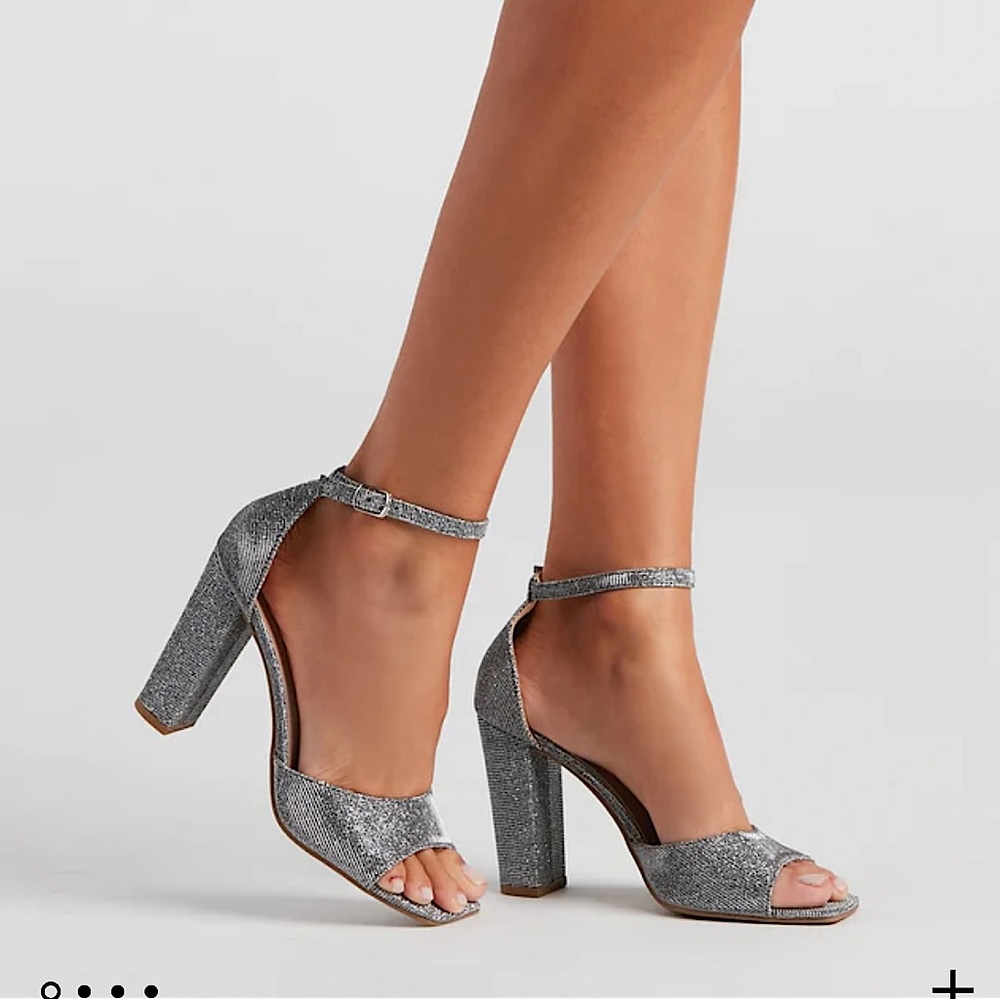 Windsor Silver Sparkly Metallic Square Toe Block Heels